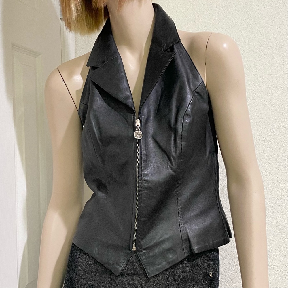 Vintage Y2K ST 100% Leather Halter Backless Black Vest Size 4